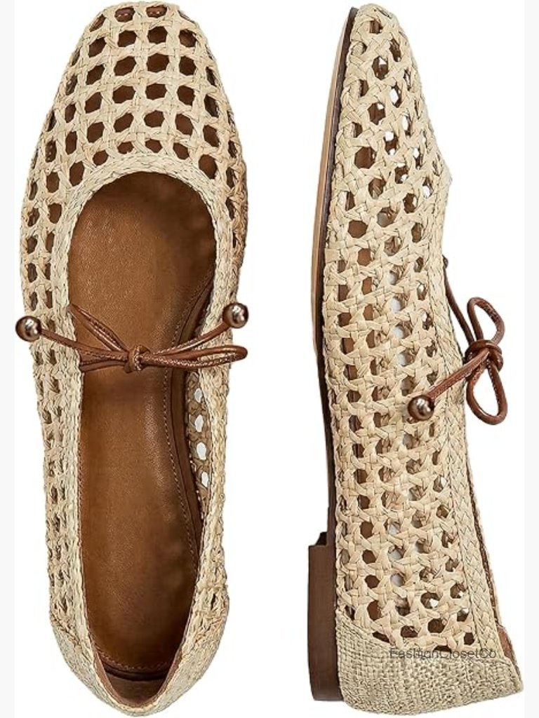 Woven Mesh Lace Up Ballet Flats Square Toe Slip On Shoes